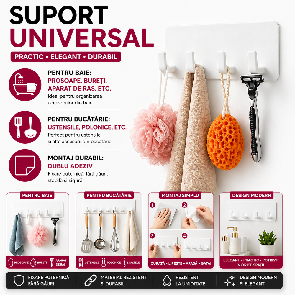 1+1 GRATIS Suport pentru baie, multifunctional, prindere cu banda dublu adeziv, Alb