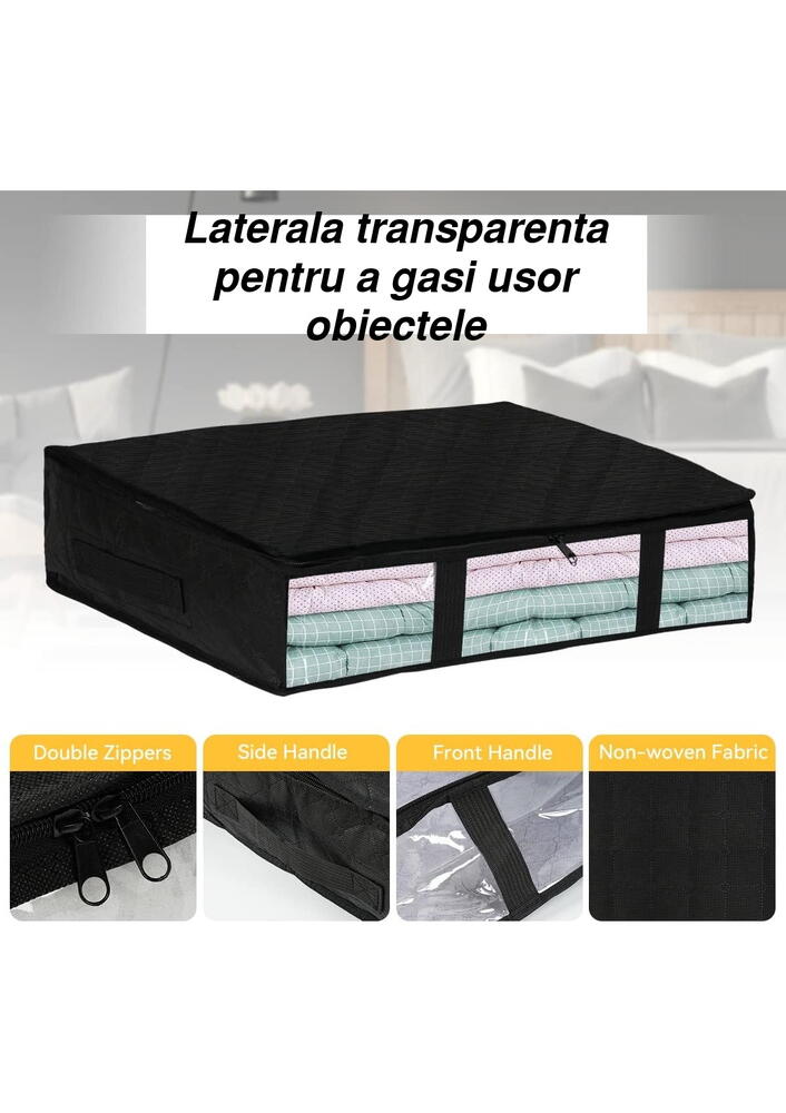 Geanta depozitare haine sub pat, Inchidere cu fermoar, Rezistent la praf si umiditate, Durabil, Respirabil, Usor de pliat si curatat, 60*45*15cm, Negru