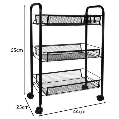 Raft mobil pentru bucatarie sau baie, Organizator, Metalic, 3 rafturi, 2 roti cu blocare, 65 x 25 x 44 x cm, Negru