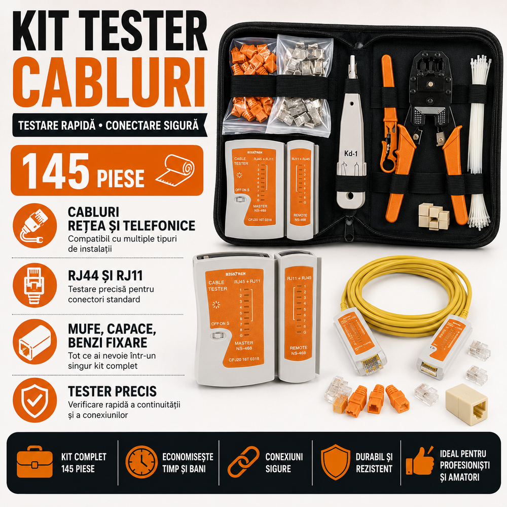 Kit instrumente de retea si tester cabluri 2 in 1, 145 piese, compatibil mufe cabluri retea si telefonice, RJ45/RJ11, husa depozitare, 27 x 15.5 x 6 cm