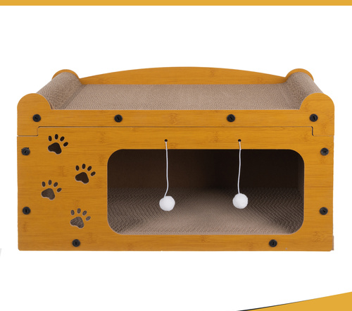 Zgarietor pentru pisic, Tip pat, 2 niveluri, din lemn, cu jucarie suspendata, spatiu mare