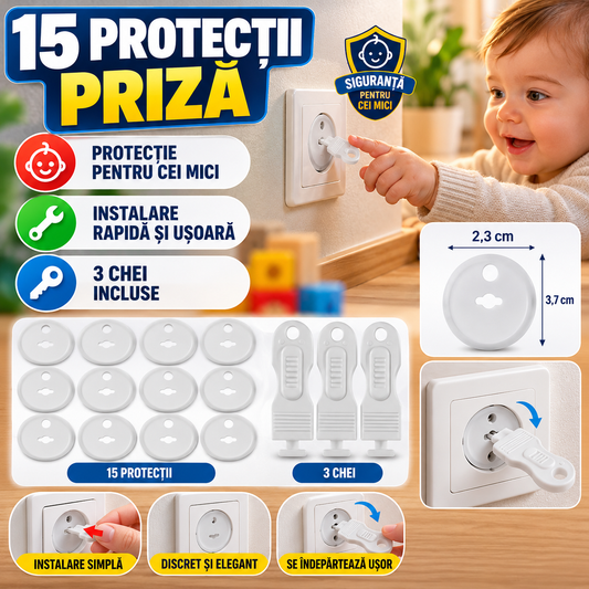 Set 15 protectii pentru prize copii, ABS, cu 3 chei incluse