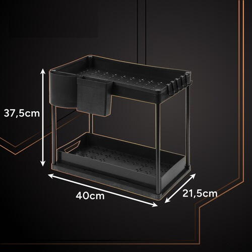 Raft organizator, 2 niveluri, extensibil, 5 cârlige, negru, 40x21.5x37.5cm