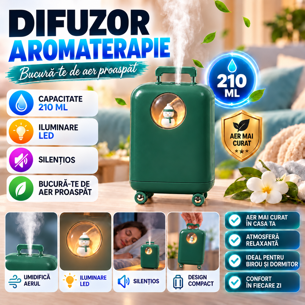 1+1 GRATIS Umidificator de aer cu ultrasunete, 210ML, cu iluminat LED, pentru casa si birou