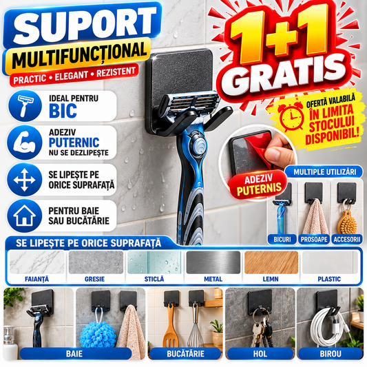 1+1 GRATIS Suport autoadeziv pentru aparat de ras / Bic, rezistent la apa si umezeala, Negru