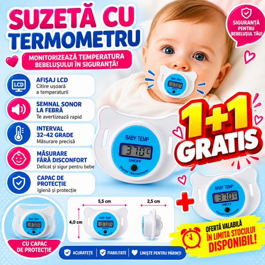 1+1 GRATIS Suzeta cu termometru pentru bebelusi, cu protectie, Bleu