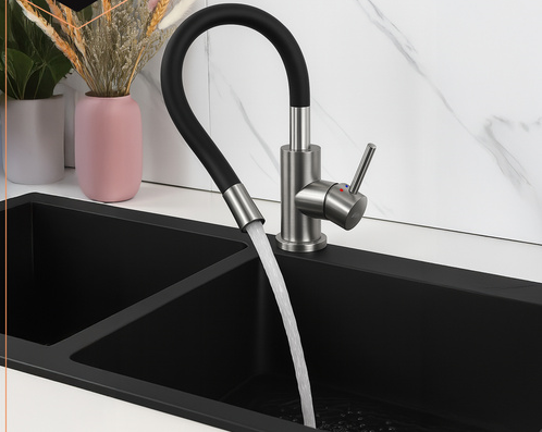 Baterie flexibila pentru chiuveta bucatarie, Rotire 360 grade, Inaltime reglabila, Silicon, Otel, PVC