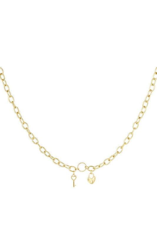 Colier Inox Cu Inimioara Si Cheie, Auriu