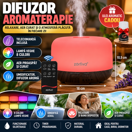 Difuzor de ulei esential, Aromaterapie, Umidificator de aer, Rezervor 300ML, Telecomanda si lumina veghe ajustabila 8 Culori + 1 Ulei Cadou
