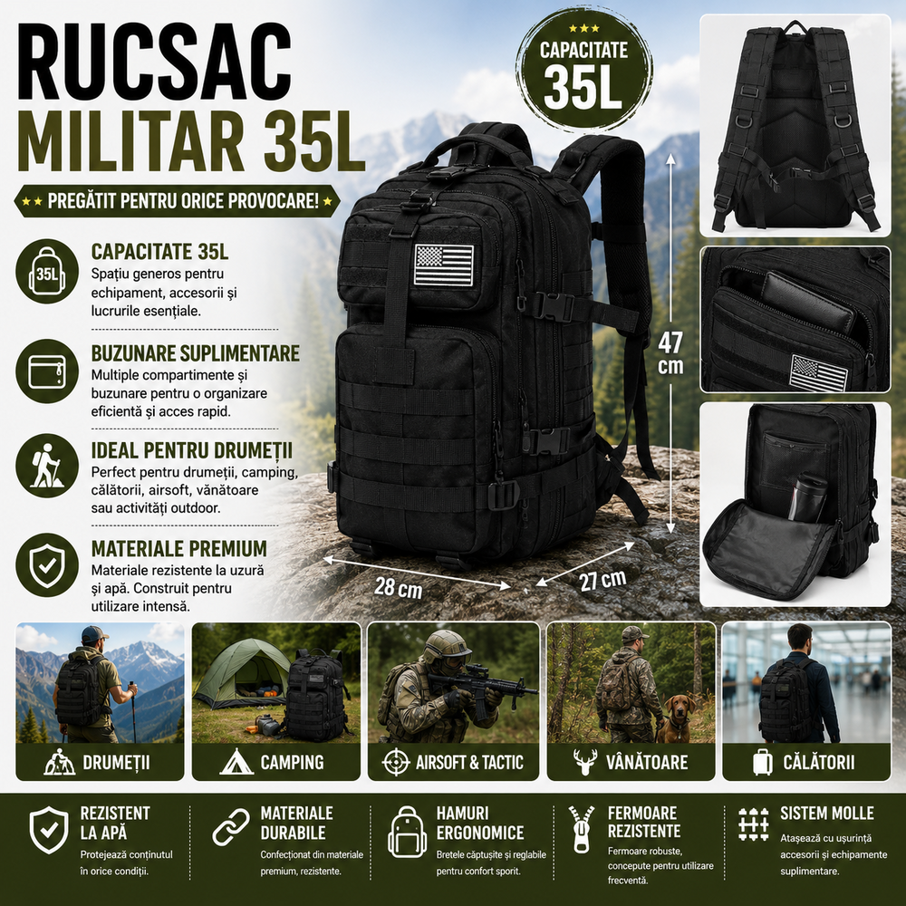 Rucsac Militar 35L, Sistem MOLLE, Impermeabil, Materiale Premium