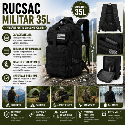 Rucsac Militar 35L, Sistem MOLLE, Impermeabil, Materiale Premium