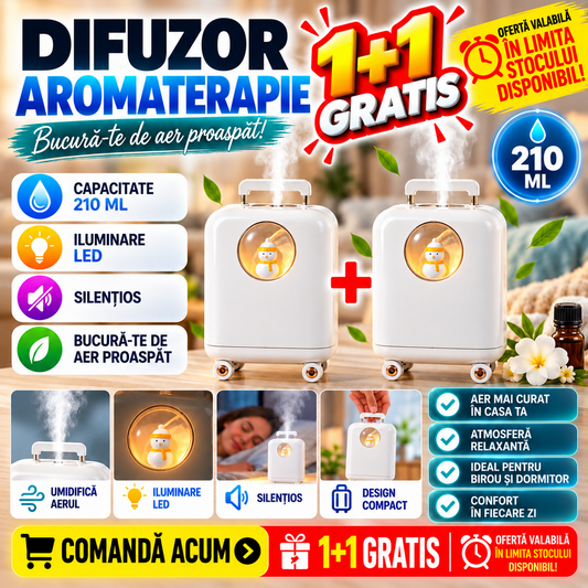 1+1 GRATIS Umidificator de aer cu ultrasunete, 210ML, cu iluminat LED, pentru casa si birou, Alb