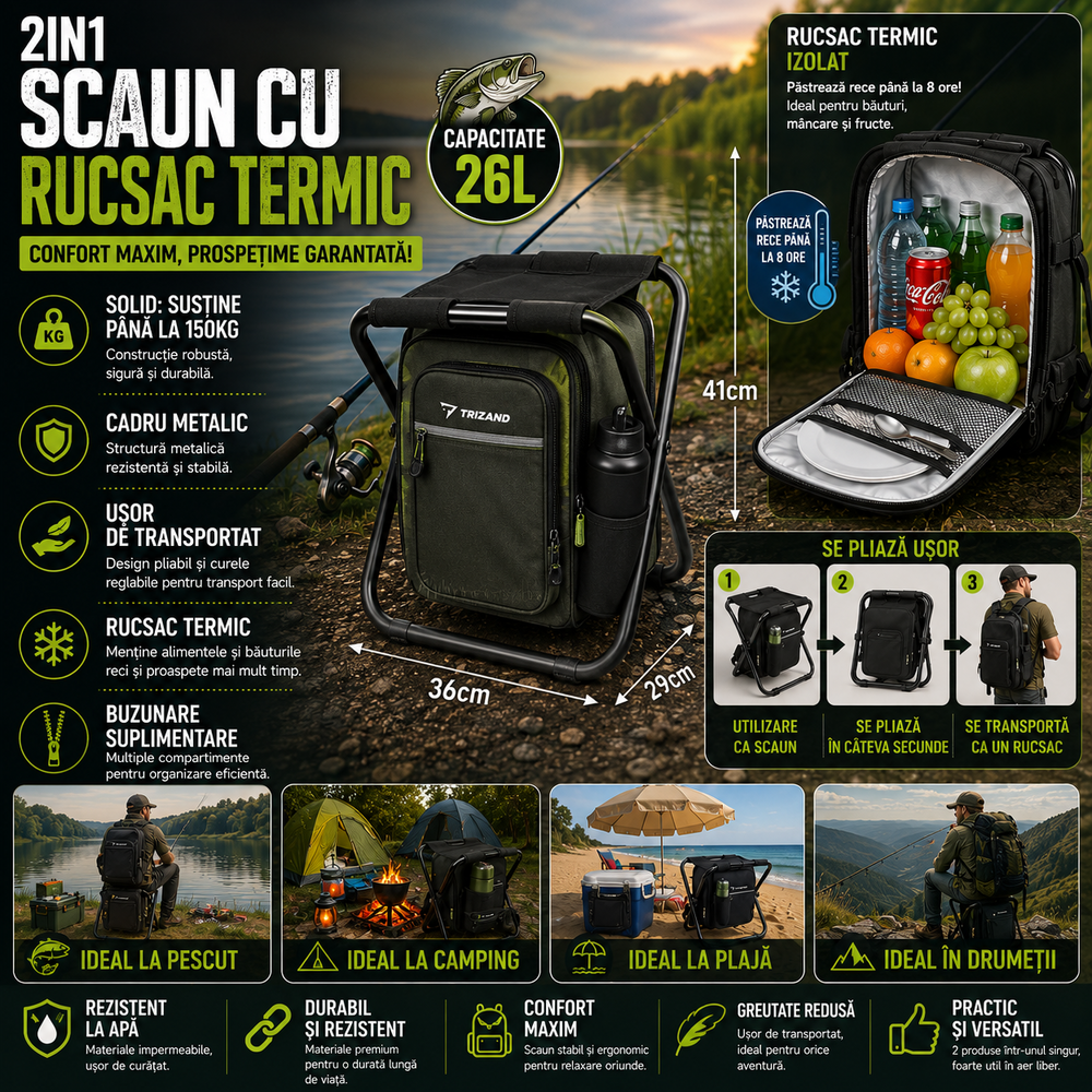 Scaun De Pescuit 3in1 Cu Rucsac Termoizolant, Max 150KG, Confortabil Si Rezistent