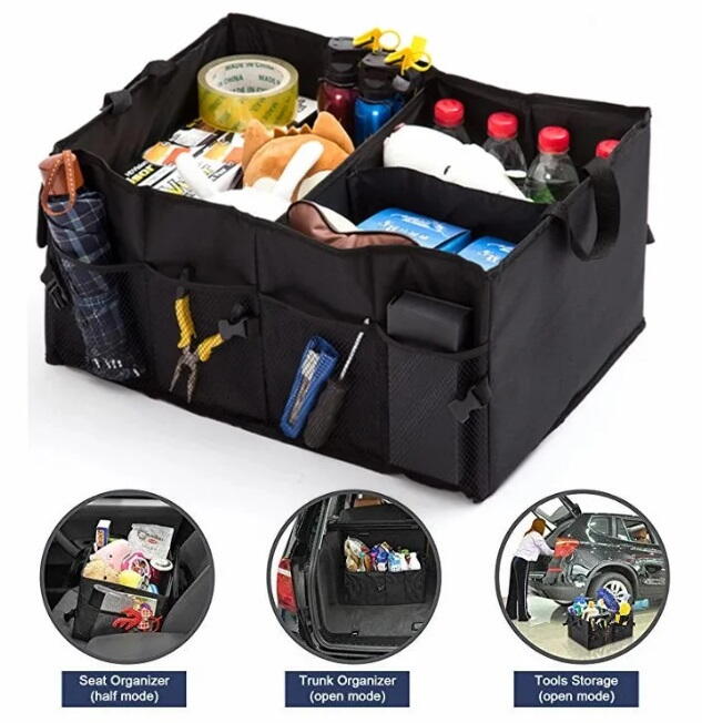 Organizator auto pliabil pentru portbagaj, Compartimente multiple, Pereti rigidizati, Manere de transport si buzunare suplimentare, Ideal pentru accesorii auto, cumparaturi, excursii si camping, 52 x 37 x 25.5 cm, Negru
