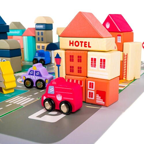 Set de 115 cuburi de construit din lemn pentru copii, "Orasul meu", educational si creativ cu diferite ilustratii vesele