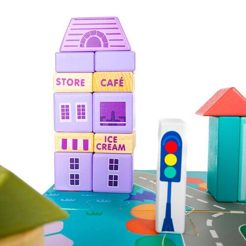 Set de 115 cuburi de construit din lemn pentru copii, "Orasul meu", educational si creativ cu diferite ilustratii vesele