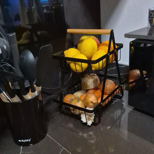 Cos pentru Fructe, cu doua etajere, servire, decor, din metal, maner din lemn, rezistenta ridicata, universal, aerisire ridicata