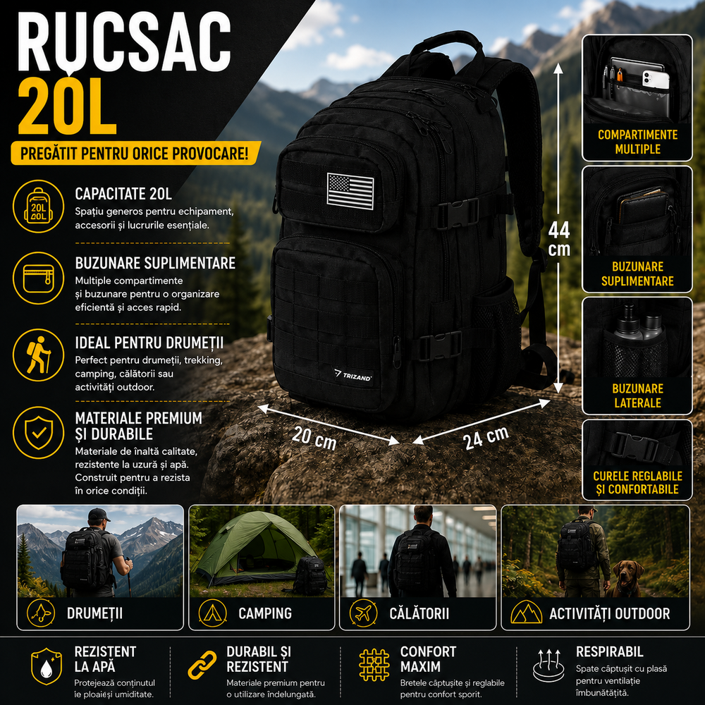 Rucsac Militar 20L, Sistem MOLLE, Impermeabil, Rezistent