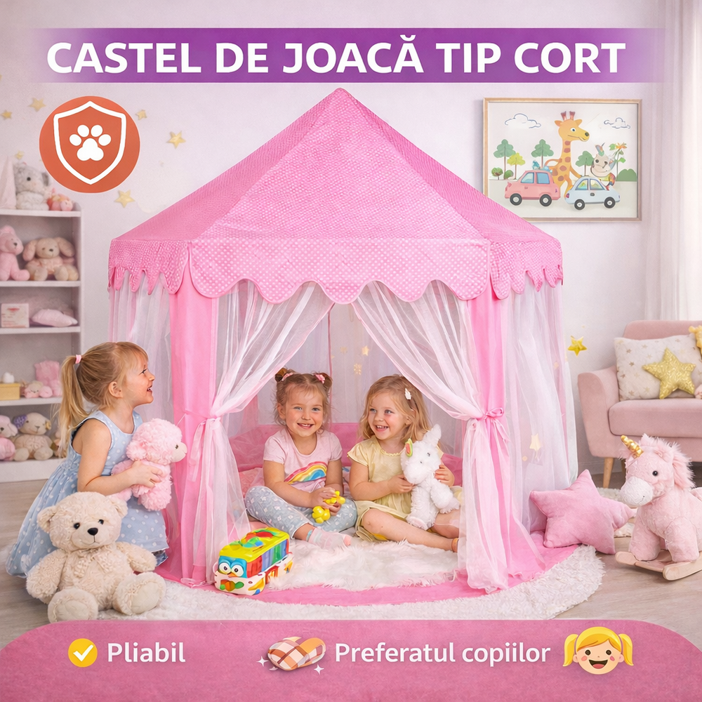 Cort de joaca pentru copii, Castel printese, Pliabil, 6 intrari, 135x140 cm, roz