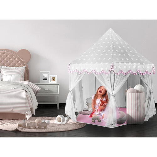 Cort de joaca pentru copii, Varf Conic, Perdele Transparente, Dimensiuni Generoase, Instalare Usoara, pentru Interior/Exterior, 123 x 123 x 140cm, Roz/Gri