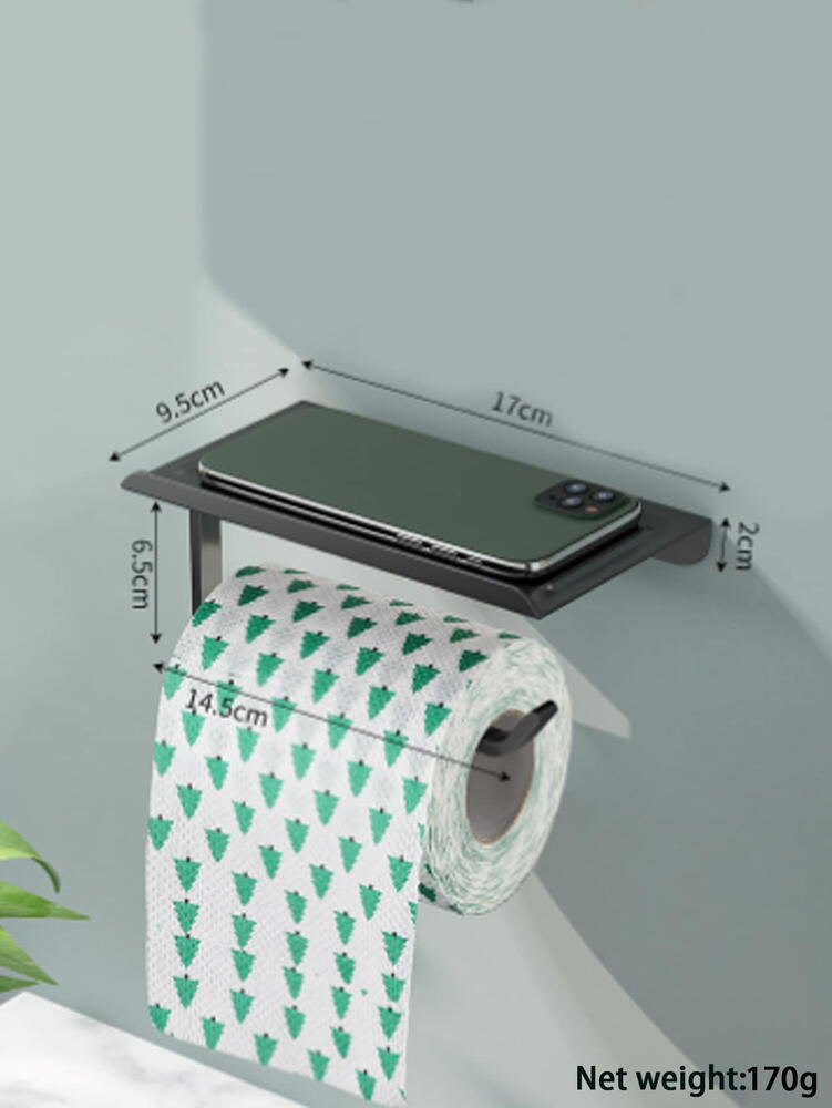 Suport hartie igienica cu raft depozitare telefon sau alte accesorii, Aluminiu, Negru