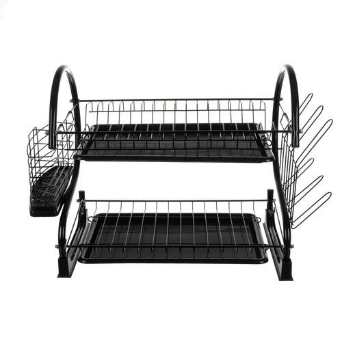 Suport Uscator Vase si Tacamuri Supraetajat, Capacitate 16 Farfurii, 55 x 25 x 37 cm, 2 Tavi de Picurare, Metal si PP, Negru