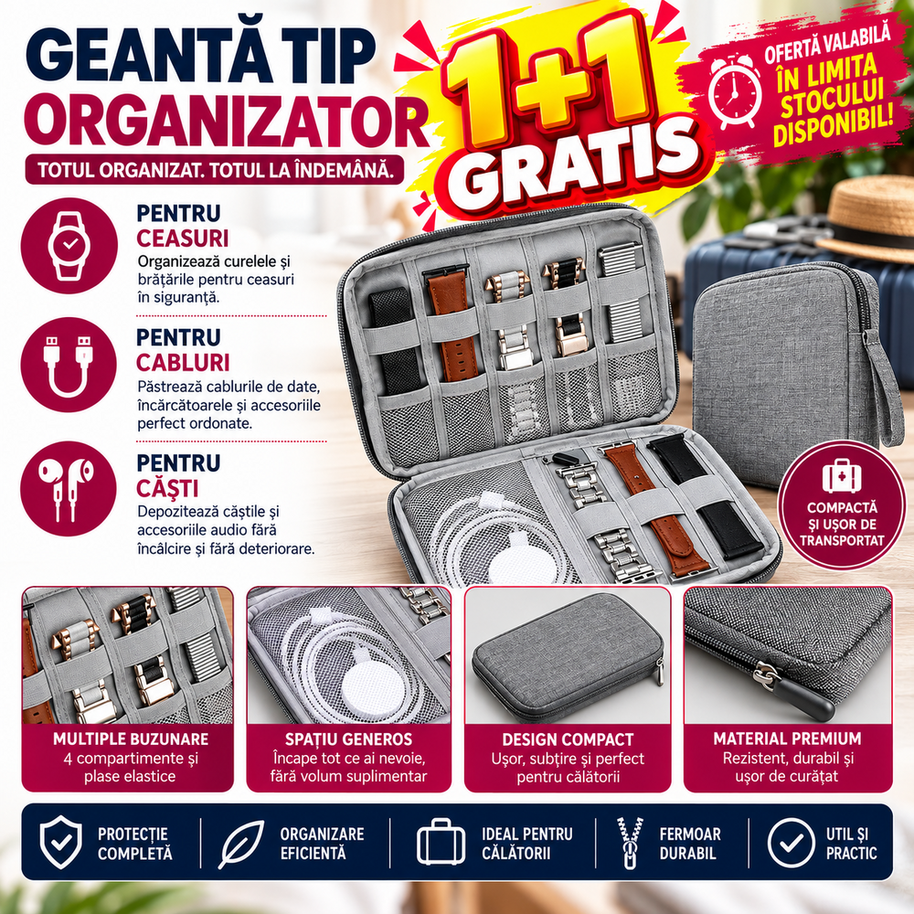 1+1 GRATIS Geanta mini de calatorie pentru ceasuri, incarcatoare, cabluri, 22x16cm