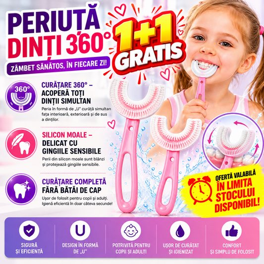 1+1 GRATIS Periuta de dinti pentru copii, 2-7 ani, in forma de U, din silicon, periaj si curatare gingii 360, Roz