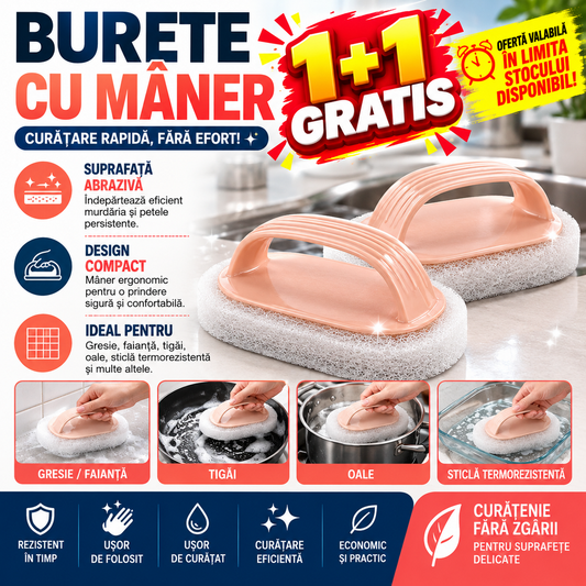 1+1 GRATIS Burete de curatat cu maner, Suprafata dura, Roz