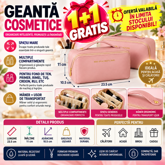 1+1 GRATIS Geanta cosmetice si parfumuri, cu maner, ideal geanta bagaj, Roz