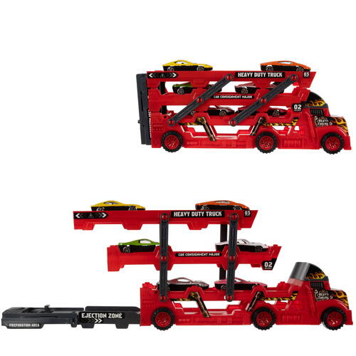 Set de joaca, Camion cu Masinute, Mega transportator de 6 masini, Echipament cu 3 platforme, 30x11.5x7 cm