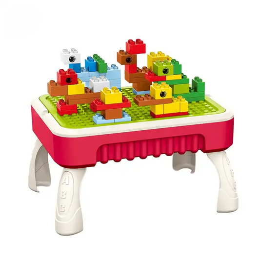 Masuta de joaca pentru copii, Multifunctionala 2 in 1, Tabla de Colorat, 5 Markere, Burete, 58 Cuburi Incluse, Rosu