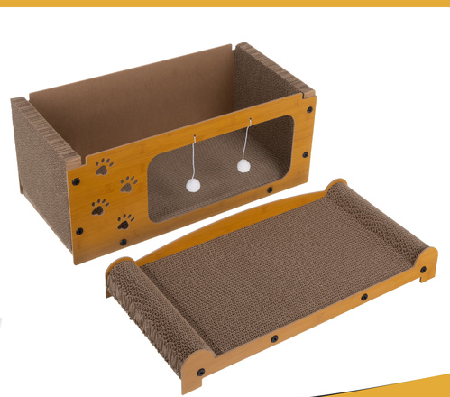 Zgarietor pentru pisic, Tip pat, 2 niveluri, din lemn, cu jucarie suspendata, spatiu mare