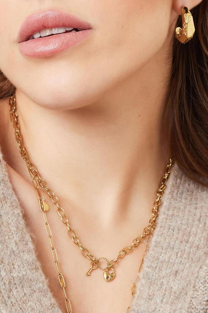 Colier Inox Cu Inimioara Si Cheie, Argintiu