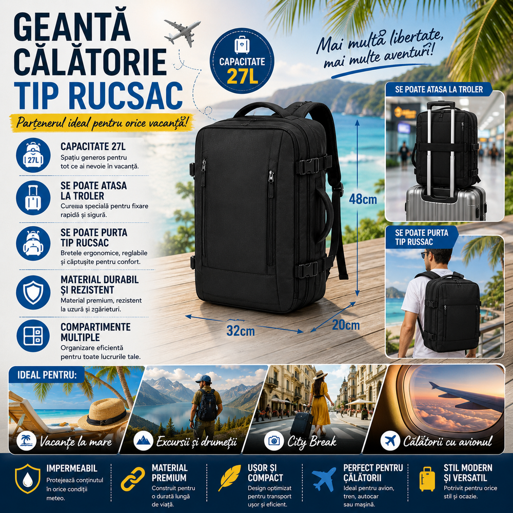 Rucsac 27L, Atasare la Troler, Port USB, Compartiment Laptop, Impermeabil