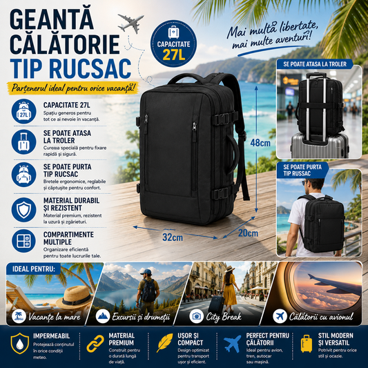 Rucsac 27L, Atasare la Troler, Port USB, Compartiment Laptop, Impermeabil