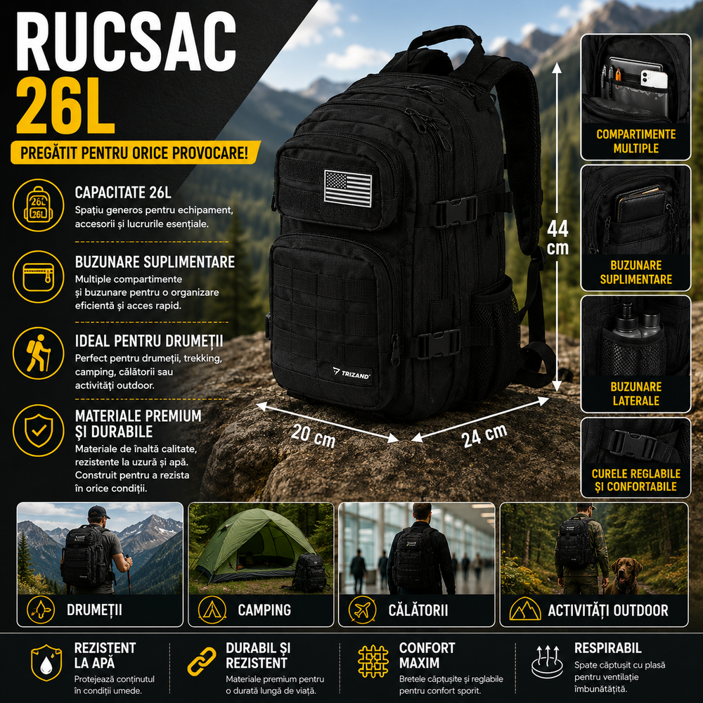 Rucsac Militar 26L, Sistem MOLLE, Impermeabil, Rezistent