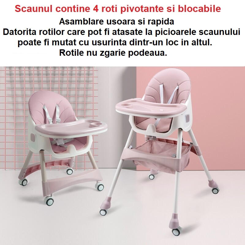 Scaun de Masa pentru Bebelusi si Copii, Varsta 6-72 luni, Inaltime Ajustabila, Centura de Siguranta in 5 Puncte, Tavita Reglabila si Detasabila, Roti Detasabile, Roz
