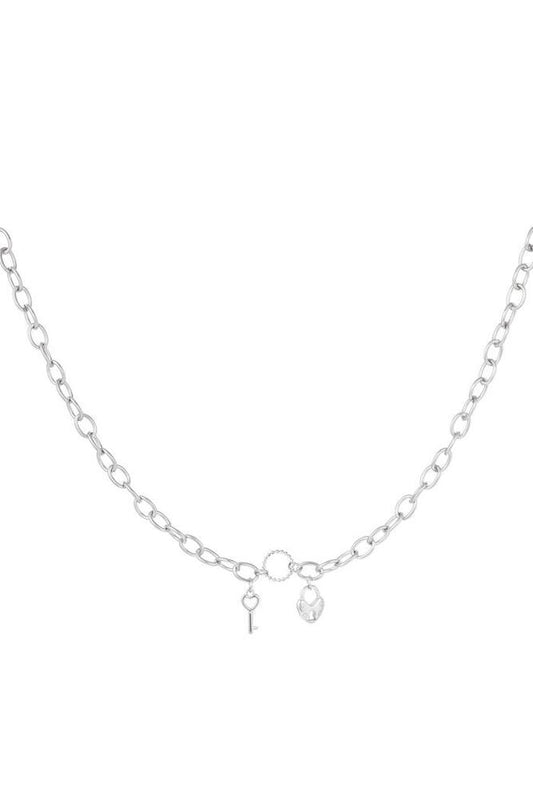 Colier Inox Cu Inimioara Si Cheie, Argintiu