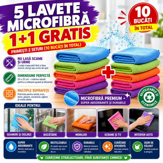 5+5 GRATIS Lavete magice microfibra, Set 5 bucati, 25x25cm, Multicolor