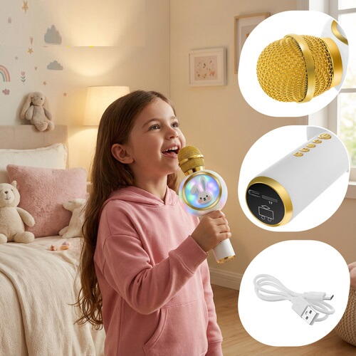 Microfon de karaoke pentru copii, Model Iepuras, Compatibil Bluetooth, Silentios, Fara fir, Alb