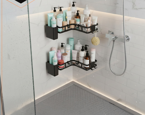 OFERTA 1+1 GRATIS Set Raft de Dus cu Etajere Colt pentru Baie, din Otel Inoxidabil, Organizator Baie cu Montare Usoara fara Gaurire, Design Modern, Negru