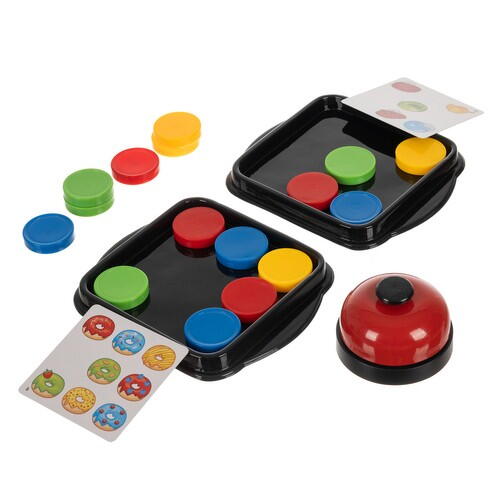 Joc de inteligenta Quick Pucks, 16 discuri, 40 cartonase cu imagini, clopot, 5.2 x 3.2 x 1.5 cm