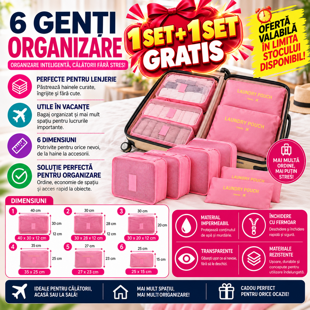 1+1 GRATIS Set 6 genti pentru organizare si depozitare valiza, Roz