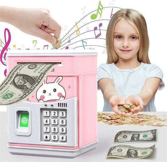 Pusculita pentru copii tip seif, Cod pin si amprenta, Muzica, Rulare automata a banilor, Roz
