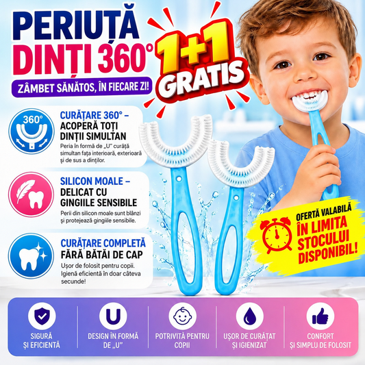 1+1 GRATIS Periuta de dinti pentru copii, 2-7 ani, in forma de U, din silicon, periaj si curatare gingii 360, Bleu