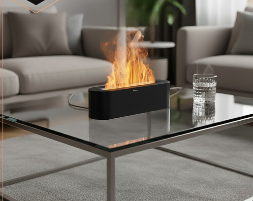 Umidificator de aer cu ultrasunete, Difuzor aromaterapie 250ML, Temporizator, Cu iluminat LED, Efect flacara, pentru casa si birou