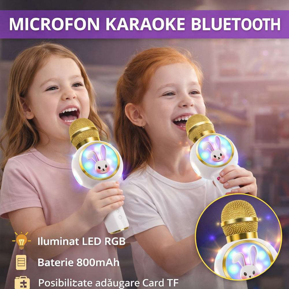 Microfon de karaoke pentru copii, Model Iepuras, Compatibil Bluetooth, Silentios, Fara fir, Alb