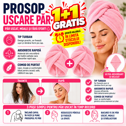 1+1 GRATIS Prosop pentru uscarea parului, tip Turban, din microfibra, Corai