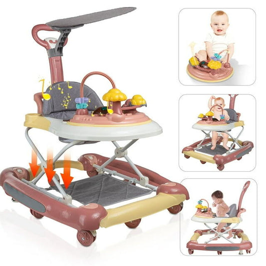 Premergator copii 6in1, Pliabil, Reglabil, Convertibil, Antepremergator, Tavita mancare, Copertina, Muzica, 5 trepte viteza, Jocuri, Sistem Franare, Roz